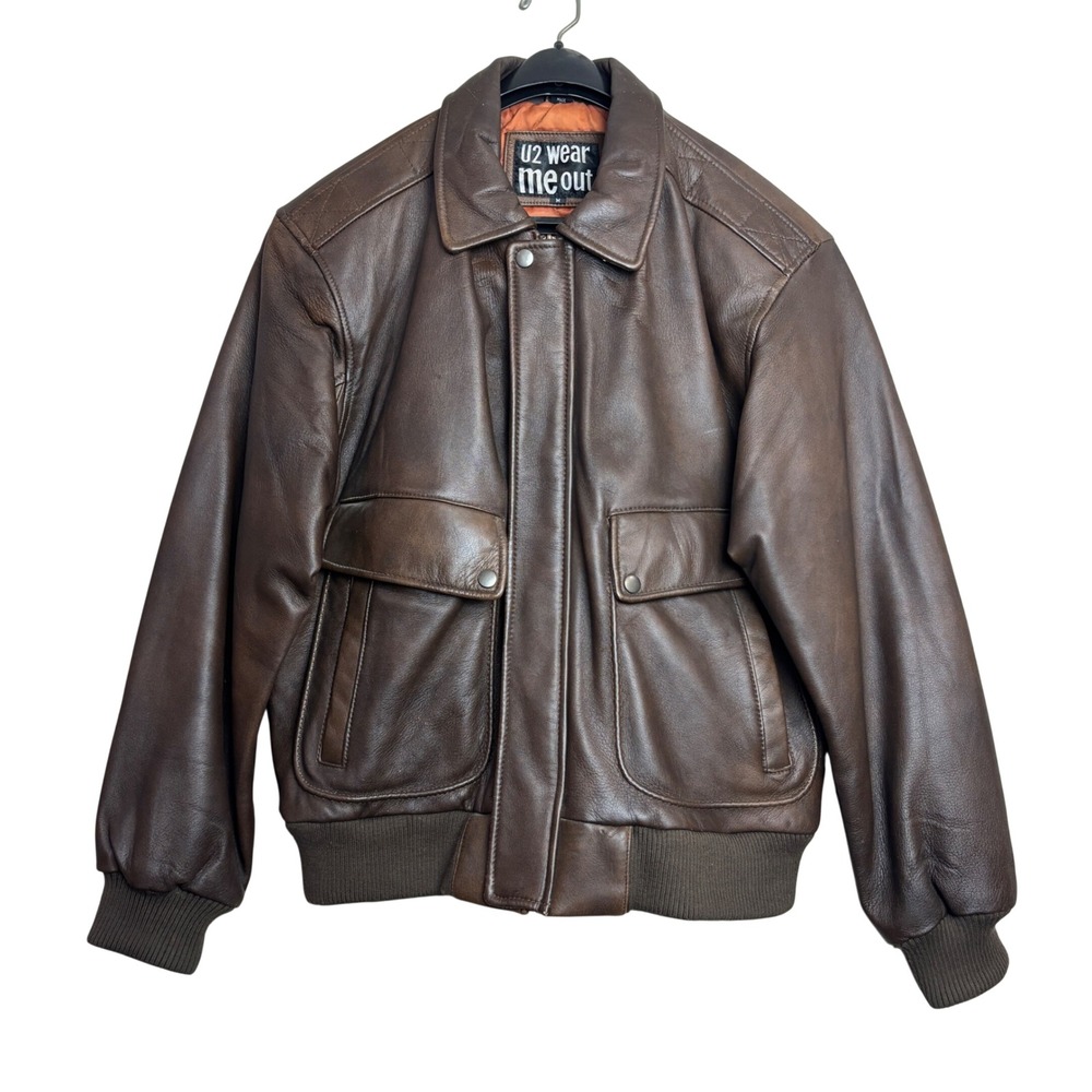 U2 Wear Me Out Leather Bomber Jacket‎ Mens Medium Brown Vintage Flight A-2 Style